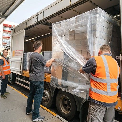 Logistics workers loading wrapped cargo onto a delivery truck
